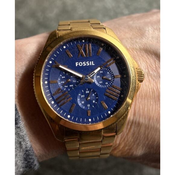 Fossil Men’s Stainless Steel Chronograph Watch Gold Tone Blue Dial Box Xtra Link - Picture 6 of 16